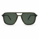 Sunglasses with a green frame and dark lenses on a white background