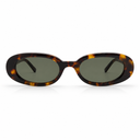Sunglasses with tortoise frame and dark lenses on a white background