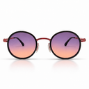 Round sunglasses with a gradient purple to pink lens on a white background