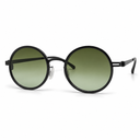Round sunglasses with black frame and green gradient lenses on a white background
