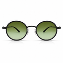 Round sunglasses with black frames and green lenses on a white background
