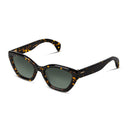 Sunglasses with tortoiseshell frame and dark lenses on a white background