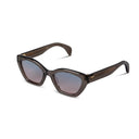 Sunglasses with gray frame and blue-tinted lenses on a white background