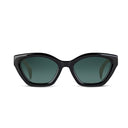 Black cat-eye sunglasses with dark lenses on a white background