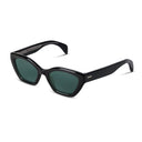 Black sunglasses with green lenses on a white background