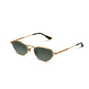 Rose Gold-framed sunglasses with green lenses on a white background