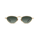 Gold-framed sunglasses with green lenses on a white background