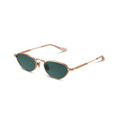 gold sunglasses with green lenses on a white background