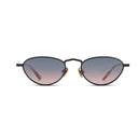 Sunglasses withblack frame and blue-tinted lenses on a white background