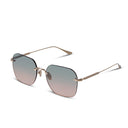 Blue and pink rimless sunglasses