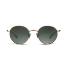Round sunglasses with gold frame and dark lenses on a white background