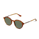 Round sunglasses with brown frame and green lenses on a white background