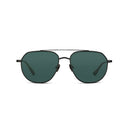 Black sunglasses with dark green lenses on a white background