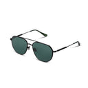 Sunglasses with dark green lenses and black frames on a white background
