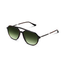 Sunglasses with dark frame and green gradient lenses on a white background