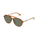 Sunglasses with tortoiseshell aviator frame and dark lenses on a white background