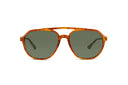 Sunglasses with tortoiseshell aviator frame and dark lenses on a white background