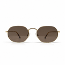 Gold-framed sunglasses with dark lenses on a white background