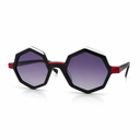 Geometric sunglasses with black frame and red accents on a white background