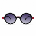 Sunglasses with black frames and red accents on a white background