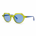 Sunglasses with yellow frame and blue lenses on a white background