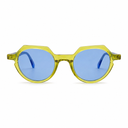 Sunglasses with geometric yellow frame and blue lenses on a white background