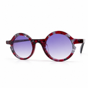 Round sunglasses with a red and black pattern on a white background