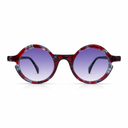 Round sunglasses with red and black frame and blue lenses on a white background