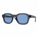 Sunglasses with dark frame and blue lenses on a white background