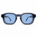 Sunglasses with blue lenses and dark frames on a white background