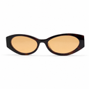 Sunglasses with a tortoiseshell frame and orange lenses on a white background