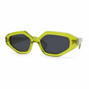 Sunglasses with green frame and dark lenses on a white background