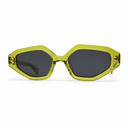Sunglasses with a green frame and dark lenses on a white background