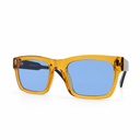 Sunglasses with orange frame and blue lenses on a white background