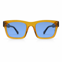 Square Sunglasses with orange frame and blue lenses on a white background