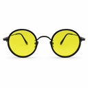 Round yellow-tinted sunglasses with black frames on a white background
