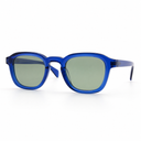 Blue sunglasses with green lenses on a white background