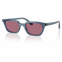 Sunglasses with blue frame and pink lenses on a white background. 