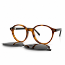 Round tortoiseshell glasses with clip-ons on a white background