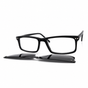 Black rectangular glasses with clip-ons on a white background
