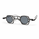 Glasses with grey frame and dark lenses on a white background