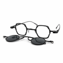Black eyeglasses with clip-ons on a white background