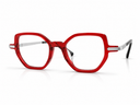 Red eyeglasses with silver accents 