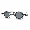 Glasses with silver frame and dark lenses on a white background