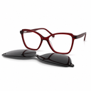 Red glasses with a black sunglasses attachment on a white background