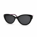 Black and pink cat-eye sunglasses with dark lenses on a white background