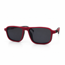 Red and black sunglasses with black lenses on a white background
