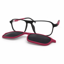 Eyeglasses with a black frame and red clip-on sunglasses on a white background