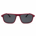 Red sunglasses with dark lenses and clip-on on a white background