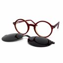 Glasses with red frame and clip-on on a white background